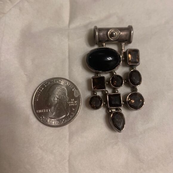 Vintage Gorgeous Real Sterling Silver and Onix Smoky Topaz Gems Handmade Pendant - Picture 3 of 4